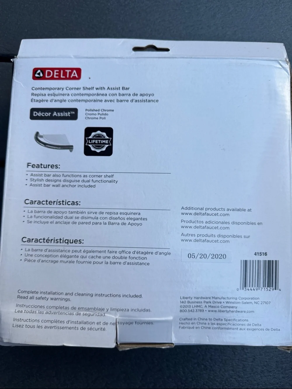 Delta Polished Chrome Corner Shelf with Assist Bar, NEW